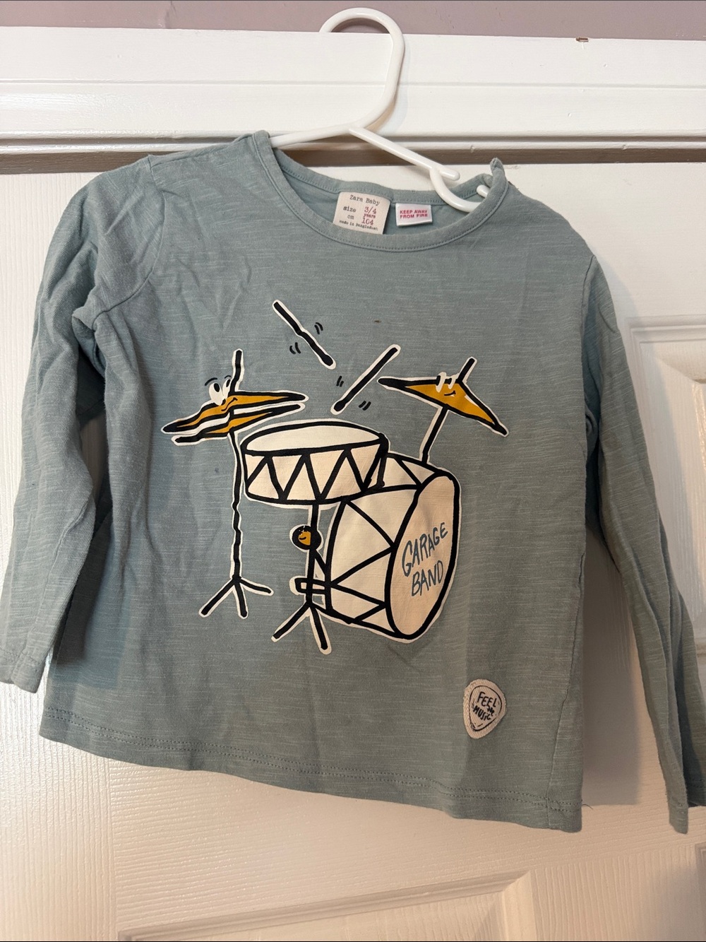 Zara Light Blue Long Sleeve Tee with Drumset Graphic